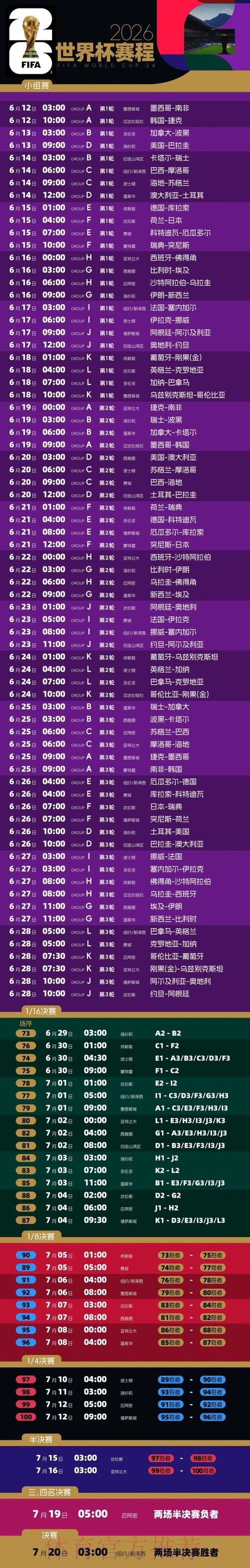 2026世界杯赛程及详细时间表介绍